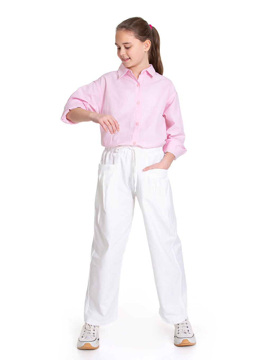 Pembe Kız Çocuk Gömlek ve Pantolonlu Alt-Üst Takım P1155-1