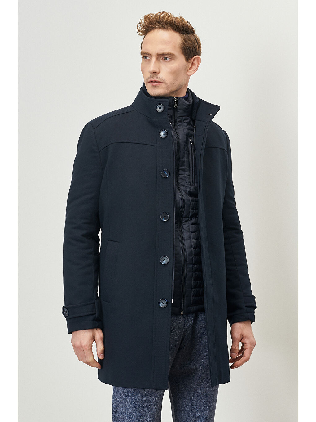 Erkek Lacivert Standart Fit Normal Kesim Dik Yaka Yünlü Kaşe Palto Kaban