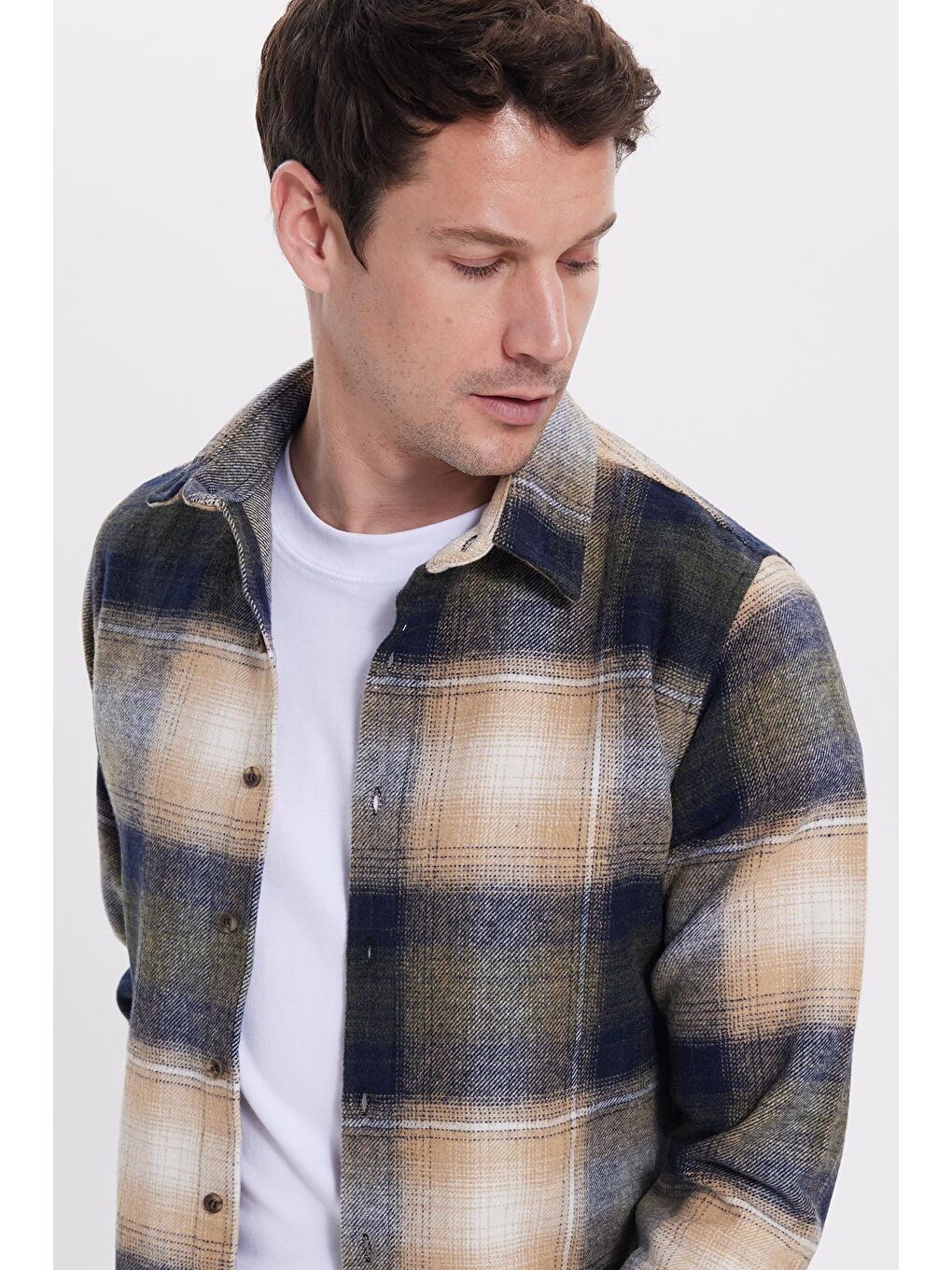 Lacivert Erkek Slim Fit Dar Kesim Kareli Kışlık Oduncu Gömlek