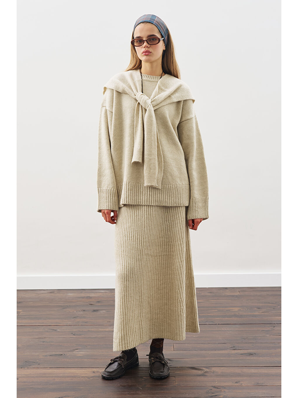 Triko Kloş Etek Bej-1