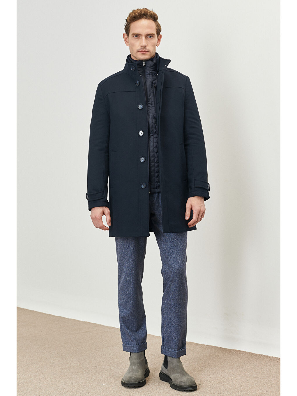 Erkek Lacivert Standart Fit Normal Kesim Dik Yaka Yünlü Kaşe Palto Kaban-1