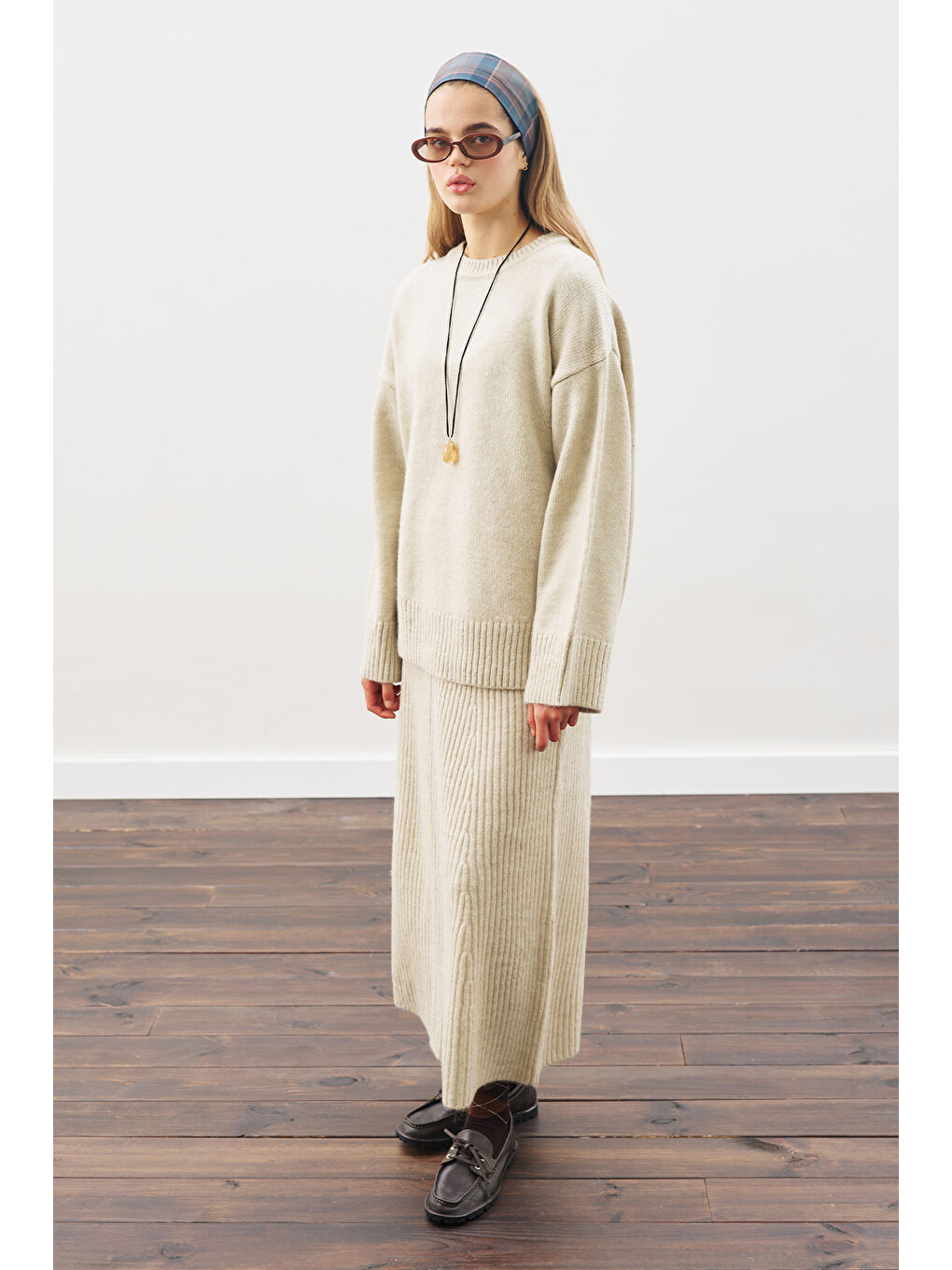 Triko Kloş Etek Bej-2