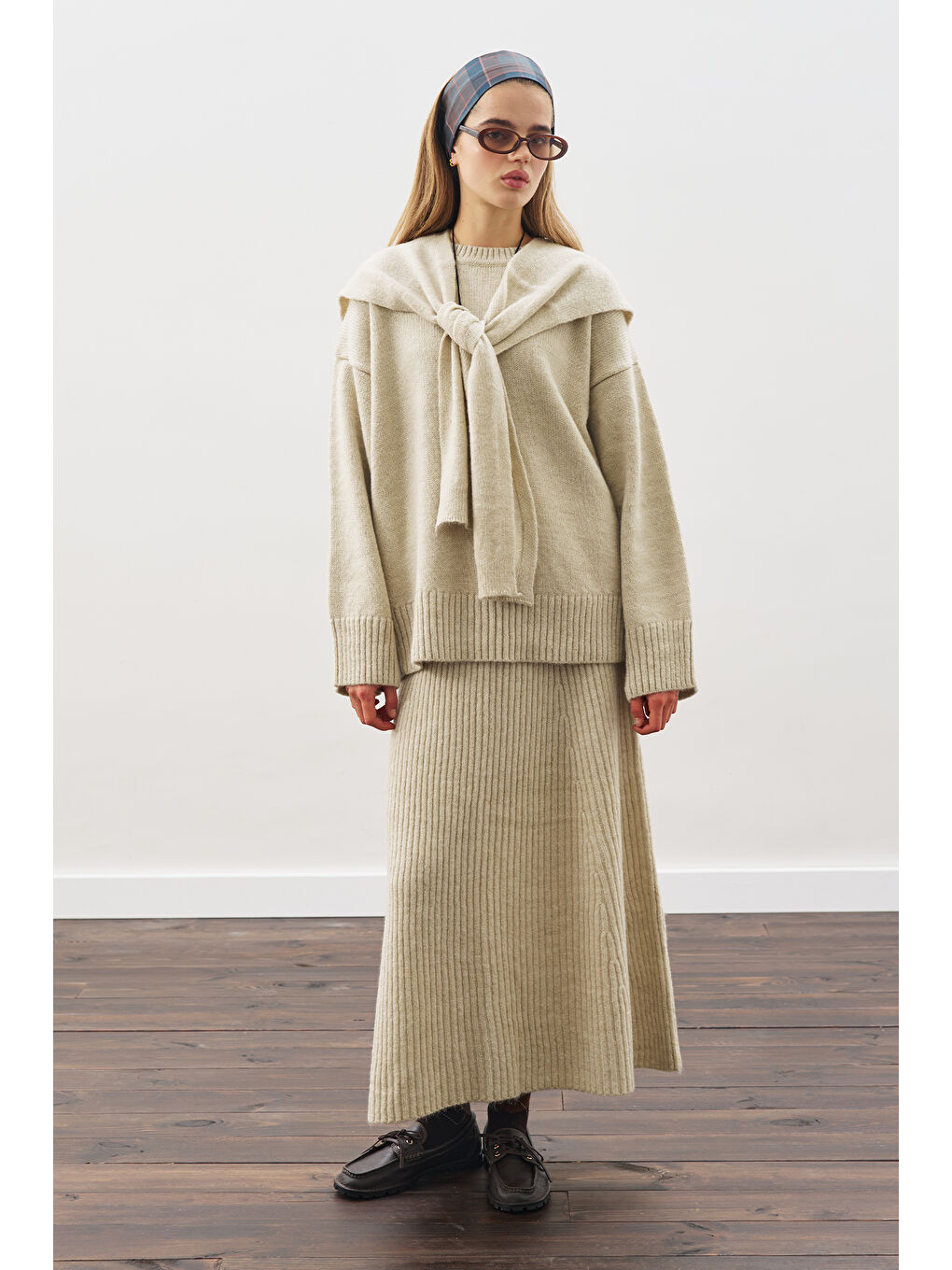 Triko Kloş Etek Bej-3