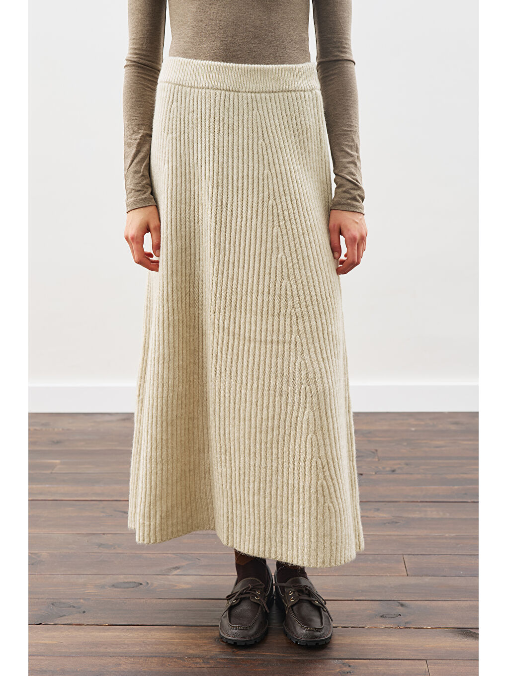 Triko Kloş Etek Bej-5