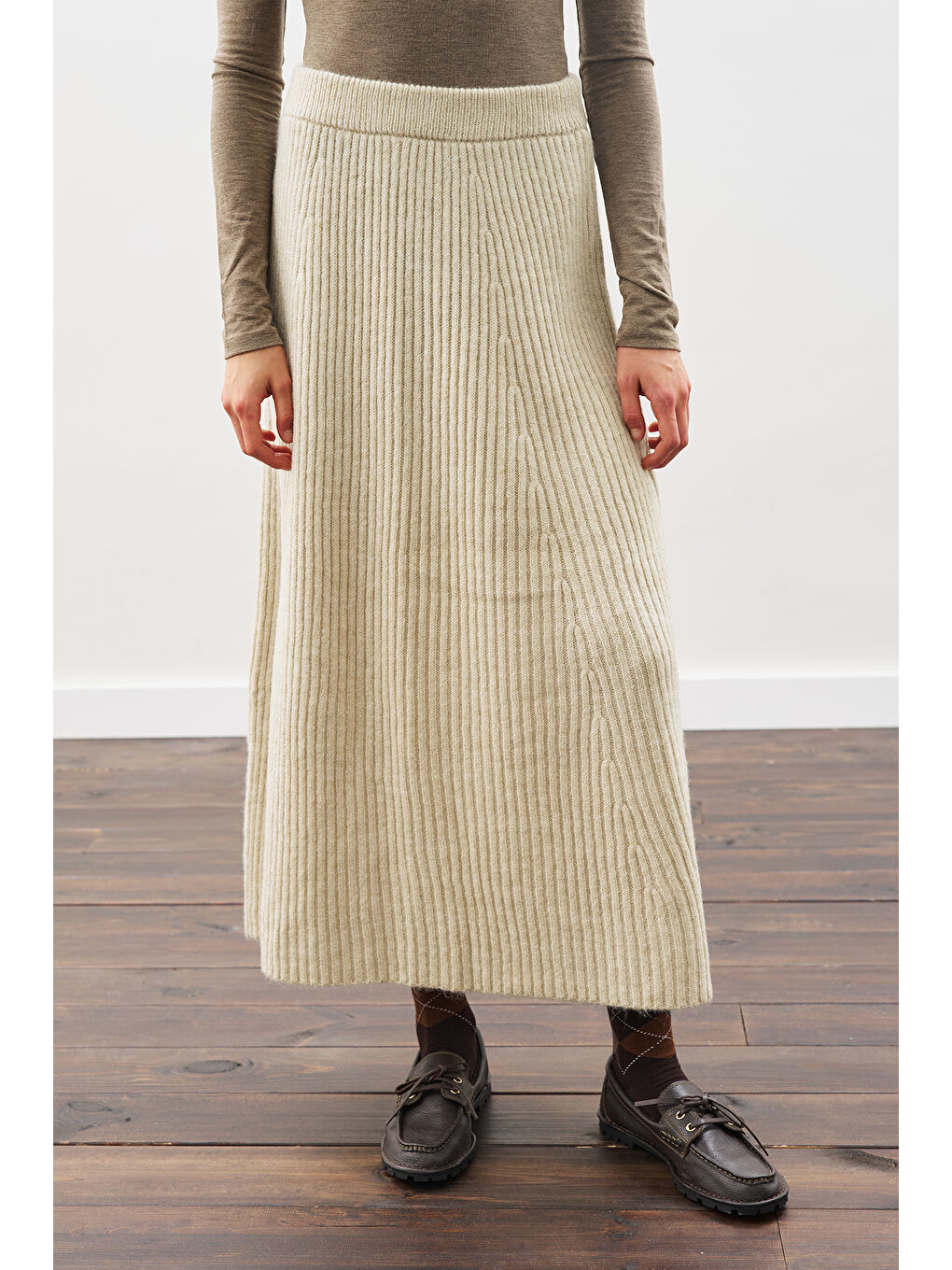 Triko Kloş Etek Bej-6