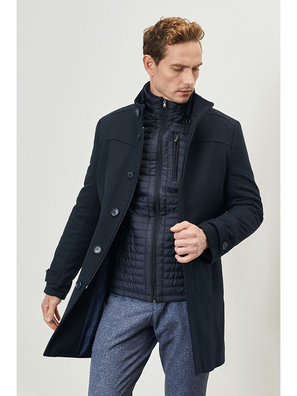 Erkek Lacivert Standart Fit Normal Kesim Dik Yaka Yünlü Kaşe Palto Kaban-3