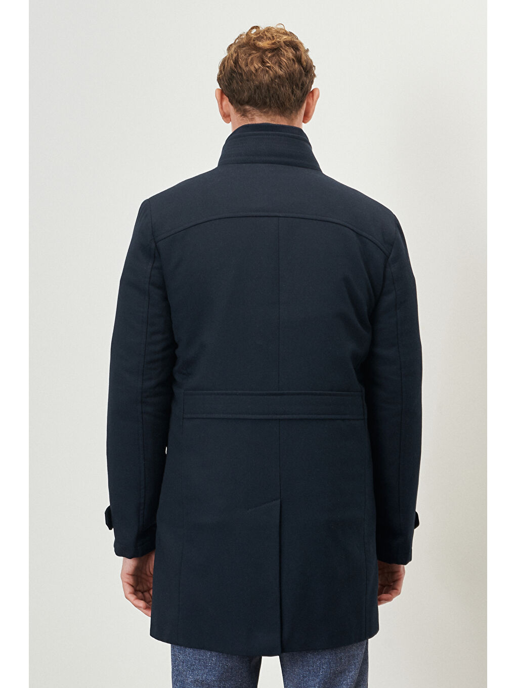 Erkek Lacivert Standart Fit Normal Kesim Dik Yaka Yünlü Kaşe Palto Kaban-4