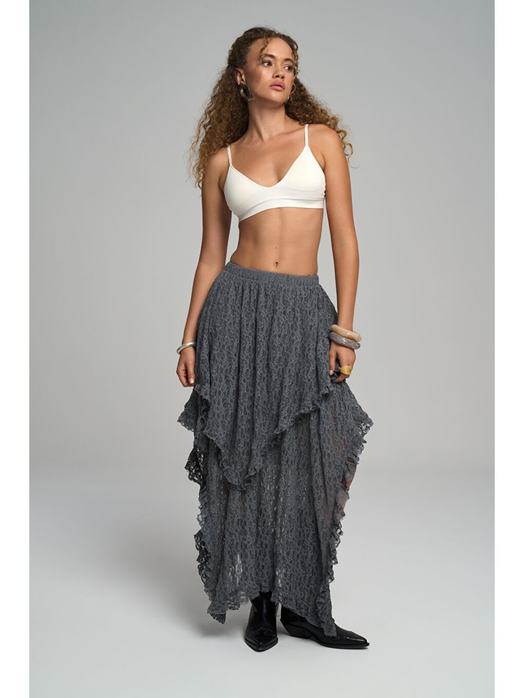 Mireya Asimetrik Antrasit Dantel Etek-1
