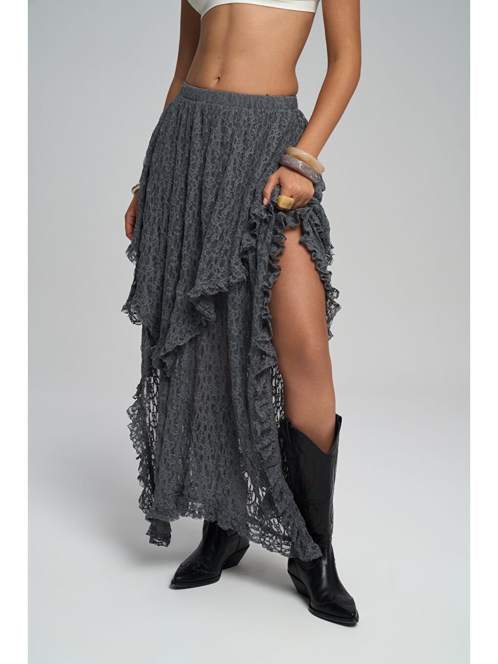 Mireya Asimetrik Antrasit Dantel Etek-2