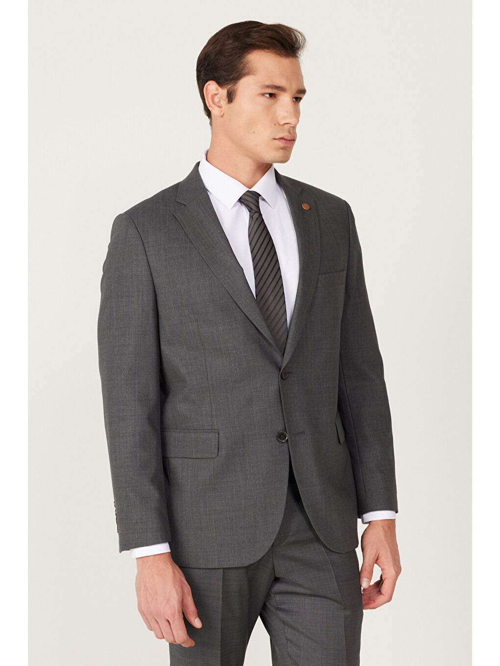 Erkek Antrasit-Siyah Slim Fit Dar Kesim Mono Yaka %100 Yünlü Desenli Takım Elbise