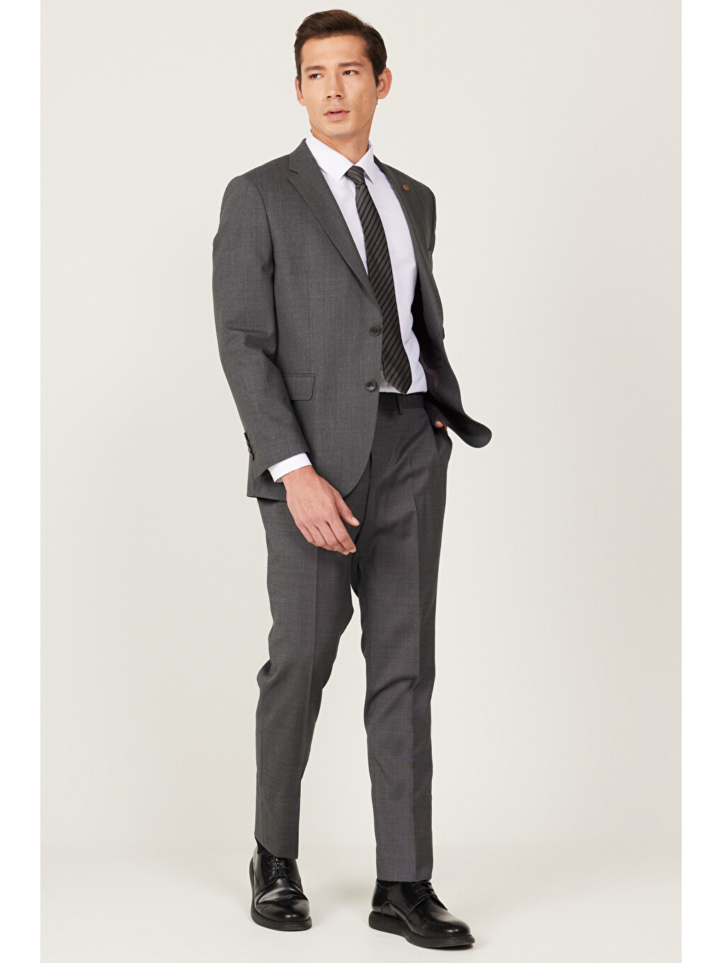 Erkek Antrasit-Siyah Slim Fit Dar Kesim Mono Yaka %100 Yünlü Desenli Takım Elbise-1