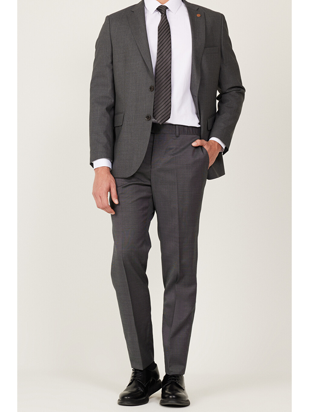 Erkek Antrasit-Siyah Slim Fit Dar Kesim Mono Yaka %100 Yünlü Desenli Takım Elbise-2