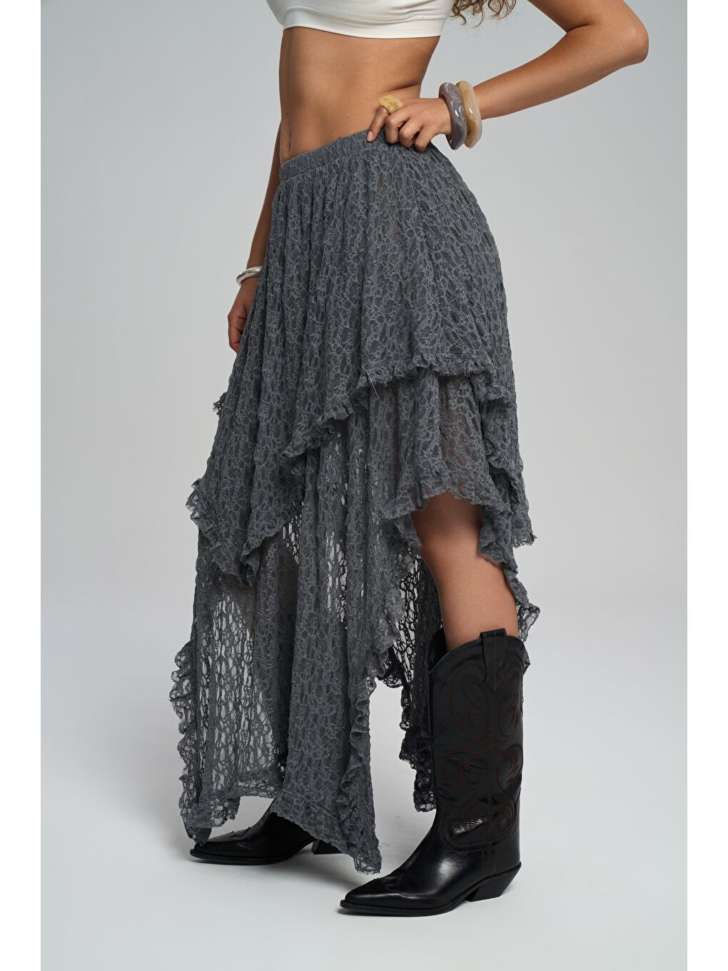 Mireya Asimetrik Antrasit Dantel Etek-3