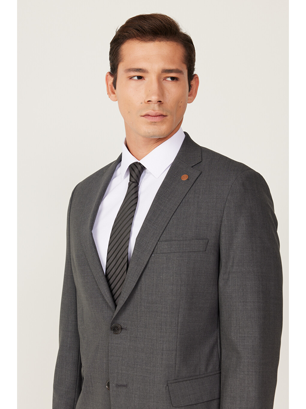 Erkek Antrasit-Siyah Slim Fit Dar Kesim Mono Yaka %100 Yünlü Desenli Takım Elbise-3
