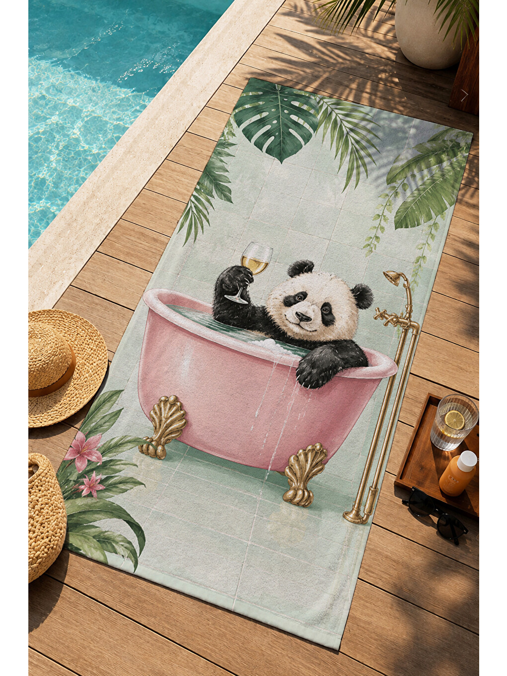 Pembe Pastel Fincanda Panda Çiçekli Botanik Desenli 70x150 Plaj Havlusu - Dijital Baskılı Banyo Havlusu-1