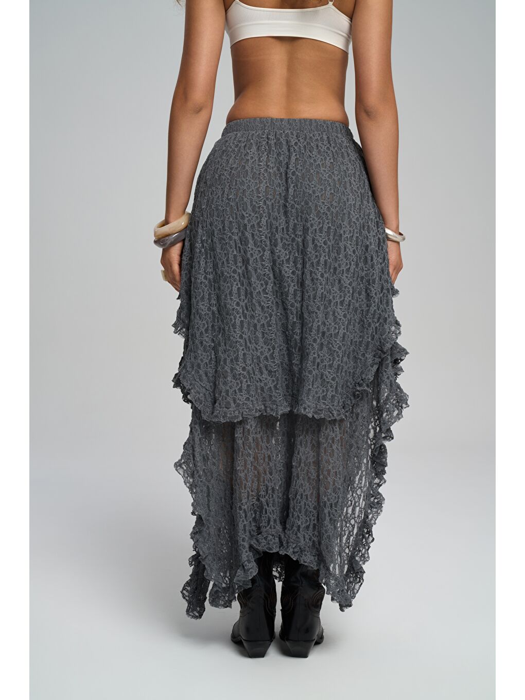 Mireya Asimetrik Antrasit Dantel Etek-4