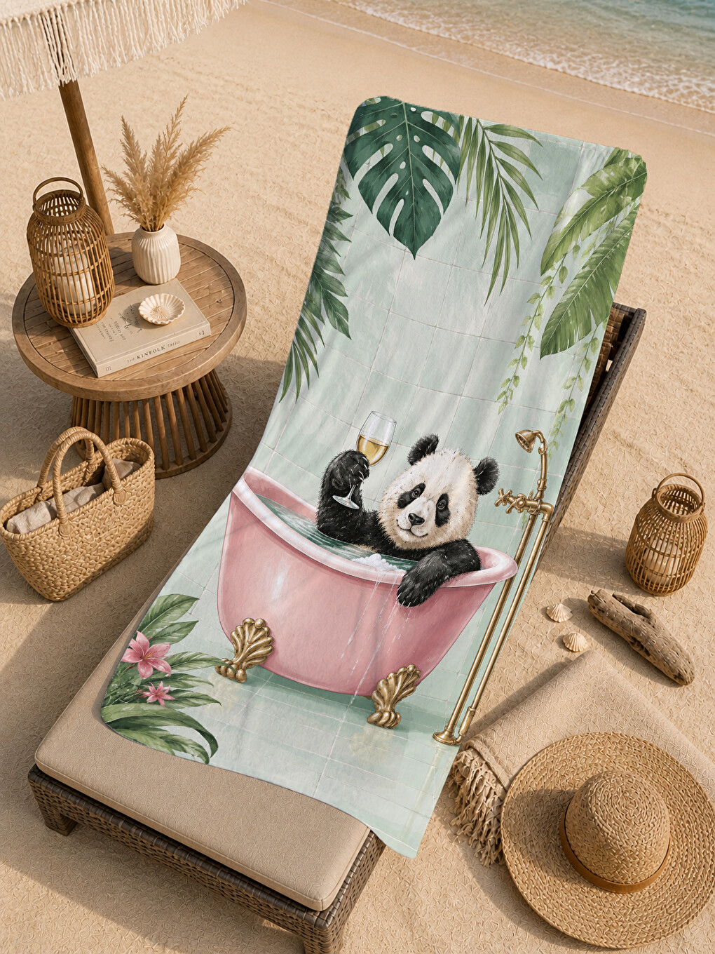 Pembe Pastel Fincanda Panda Çiçekli Botanik Desenli 70x150 Plaj Havlusu - Dijital Baskılı Banyo Havlusu-3