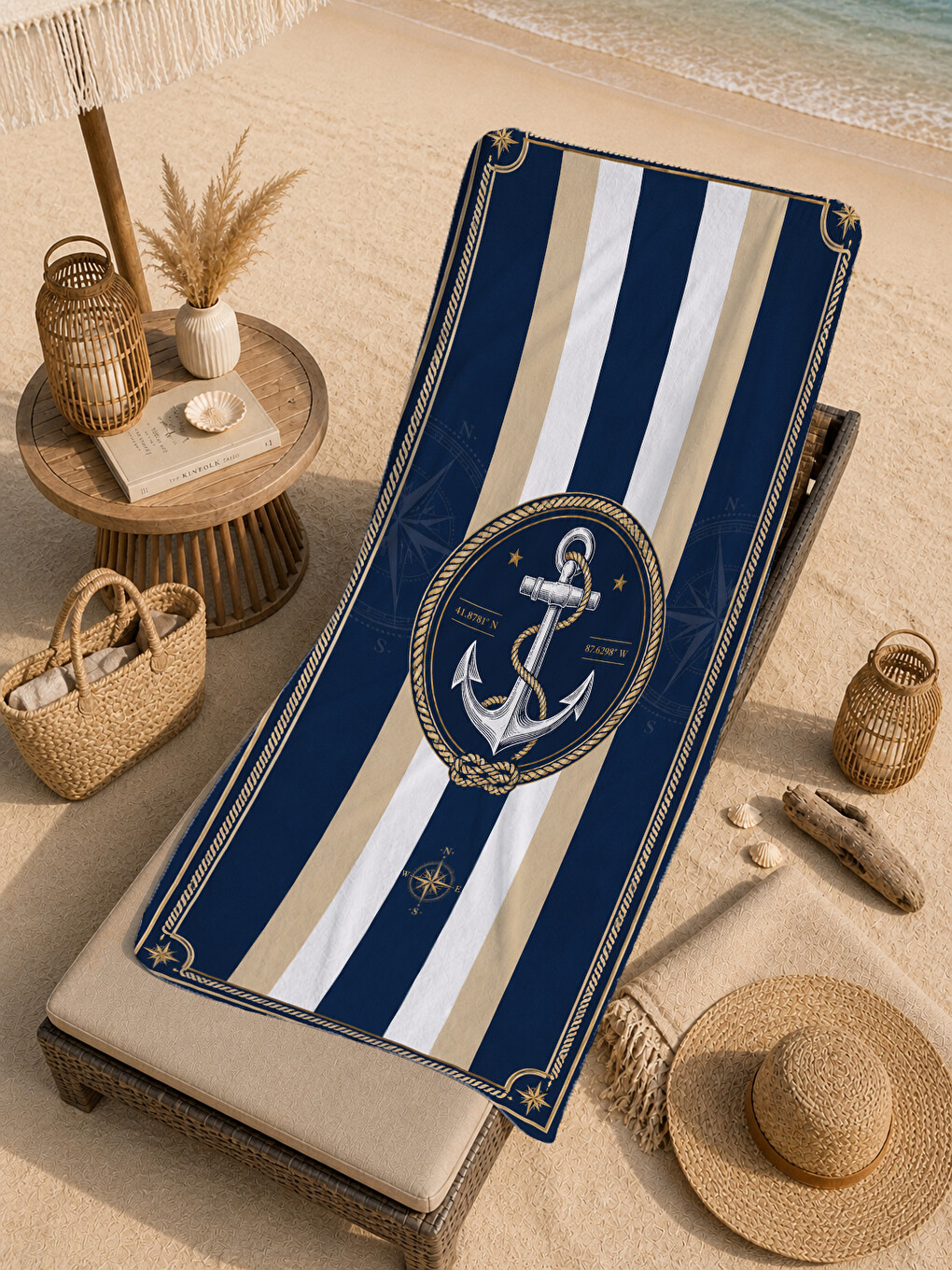 Nautical Lacivert Beyaz Çizgili Çapa Amblem Desenli 70x150 Plaj Havlusu - Pamuklu Banyo Havlusu-1