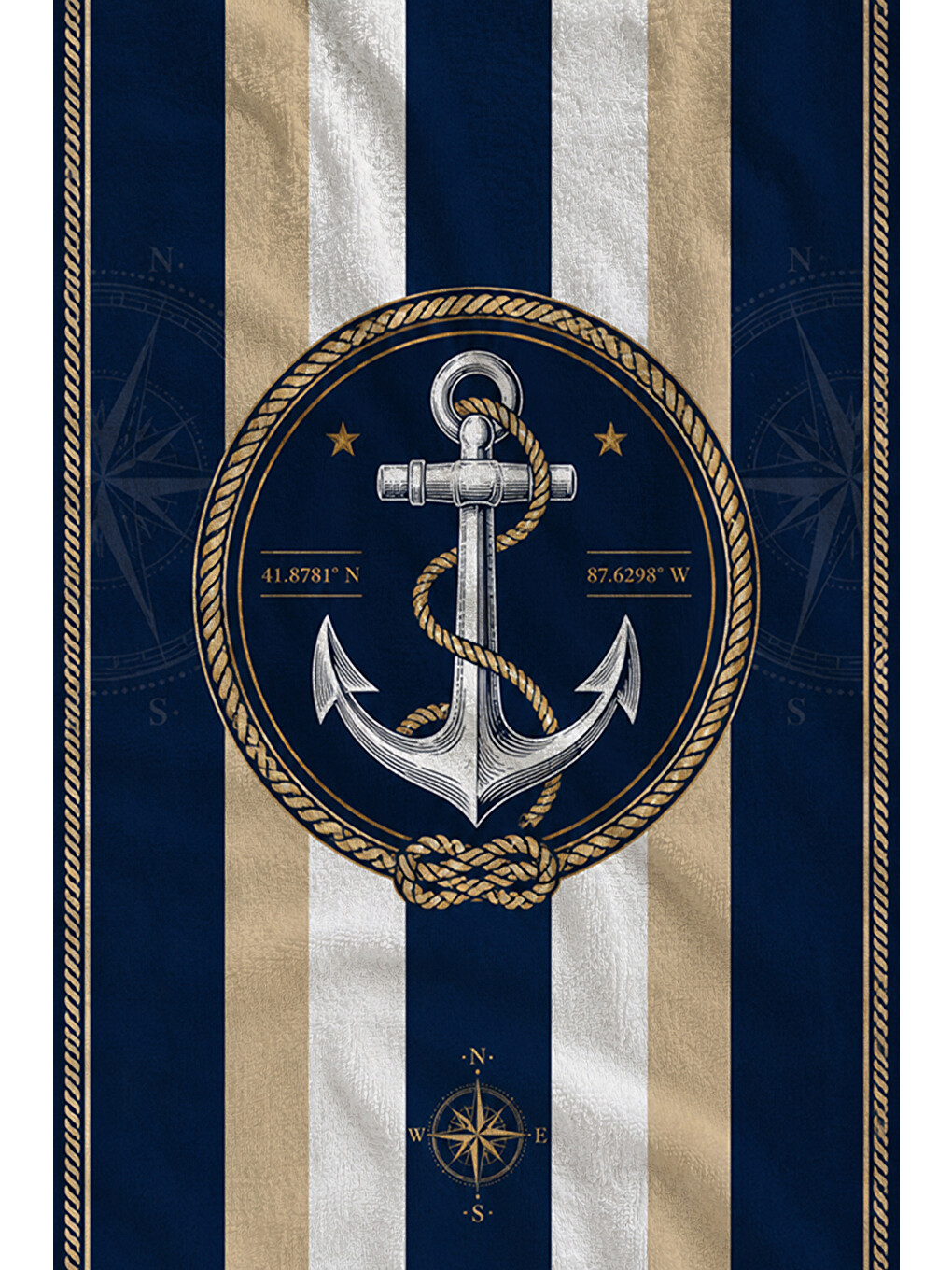 Nautical Lacivert Beyaz Çizgili Çapa Amblem Desenli 70x150 Plaj Havlusu - Pamuklu Banyo Havlusu-2