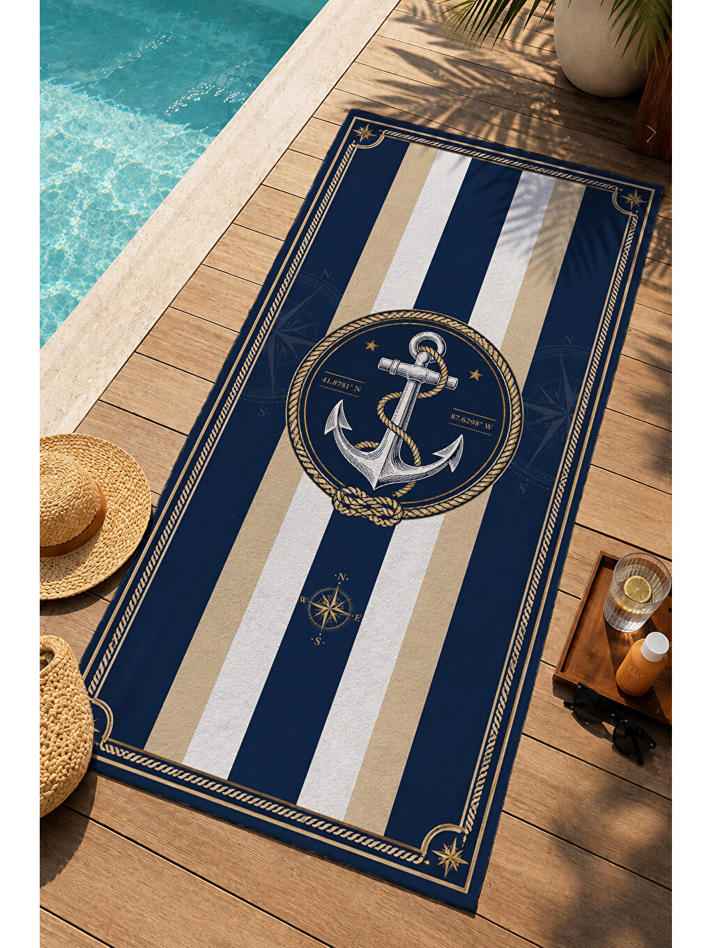 Nautical Lacivert Beyaz Çizgili Çapa Amblem Desenli 70x150 Plaj Havlusu - Pamuklu Banyo Havlusu-3