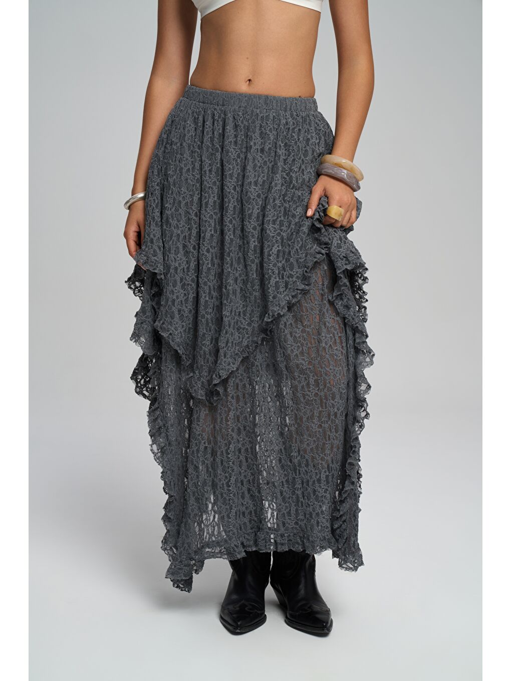 Mireya Asimetrik Antrasit Dantel Etek-5