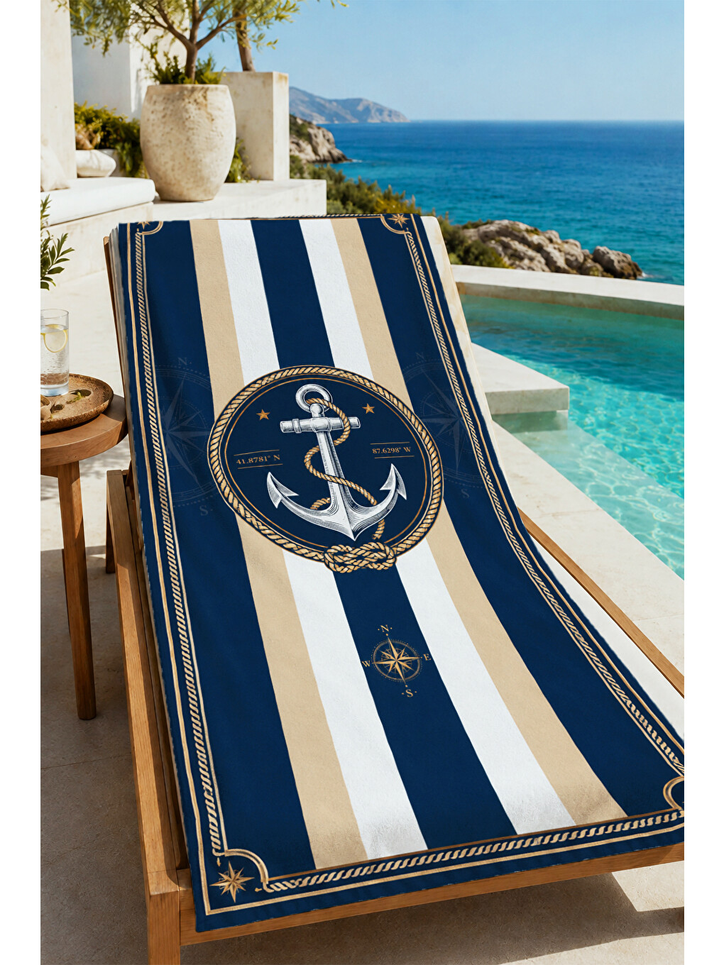 Nautical Lacivert Beyaz Çizgili Çapa Amblem Desenli 70x150 Plaj Havlusu - Pamuklu Banyo Havlusu-4
