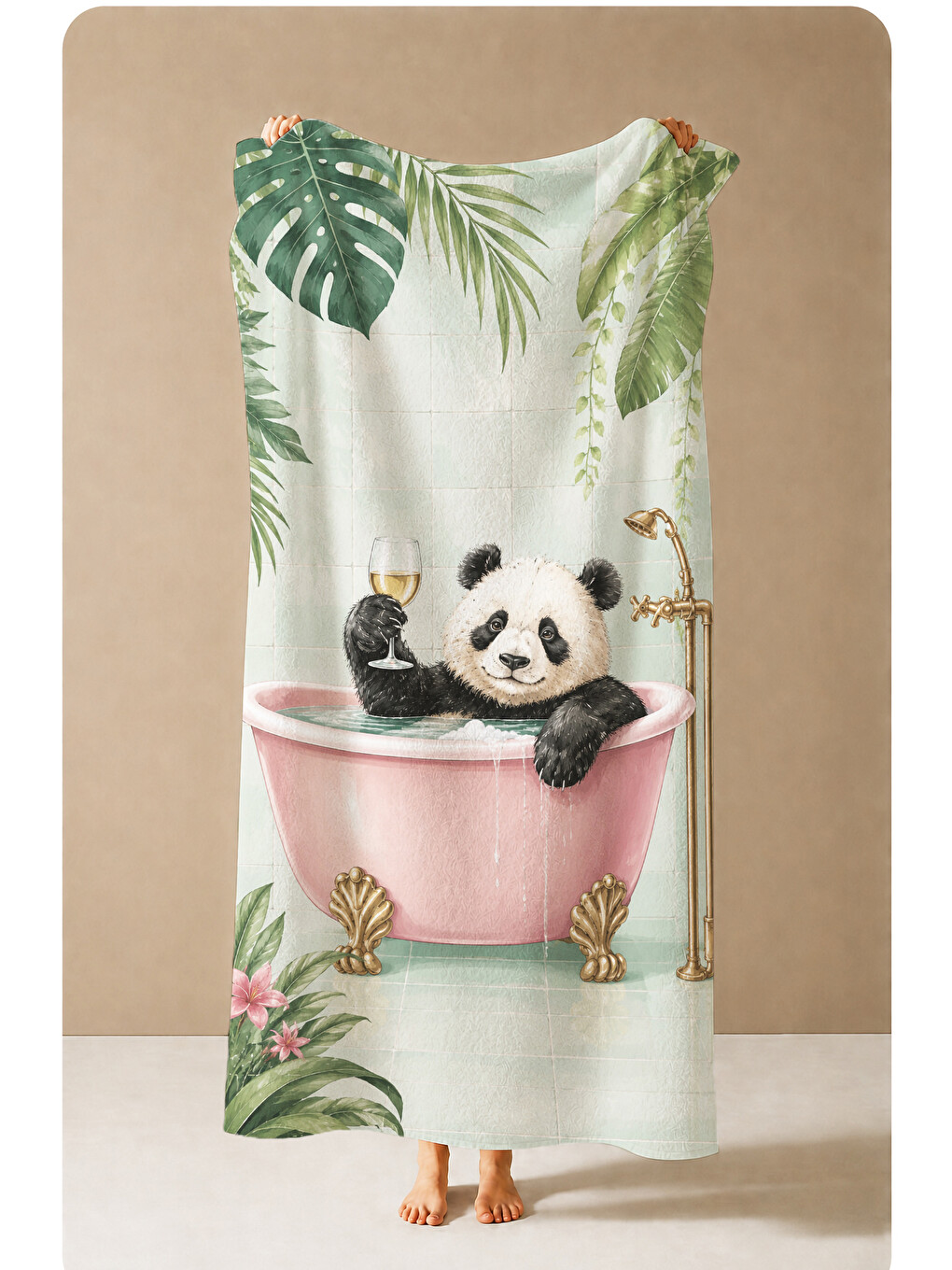 Pembe Pastel Fincanda Panda Çiçekli Botanik Desenli 70x150 Plaj Havlusu - Dijital Baskılı Banyo Havlusu-4