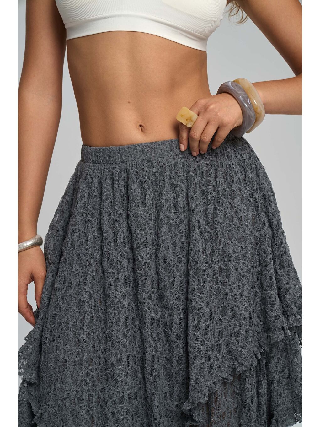 Mireya Asimetrik Antrasit Dantel Etek-6