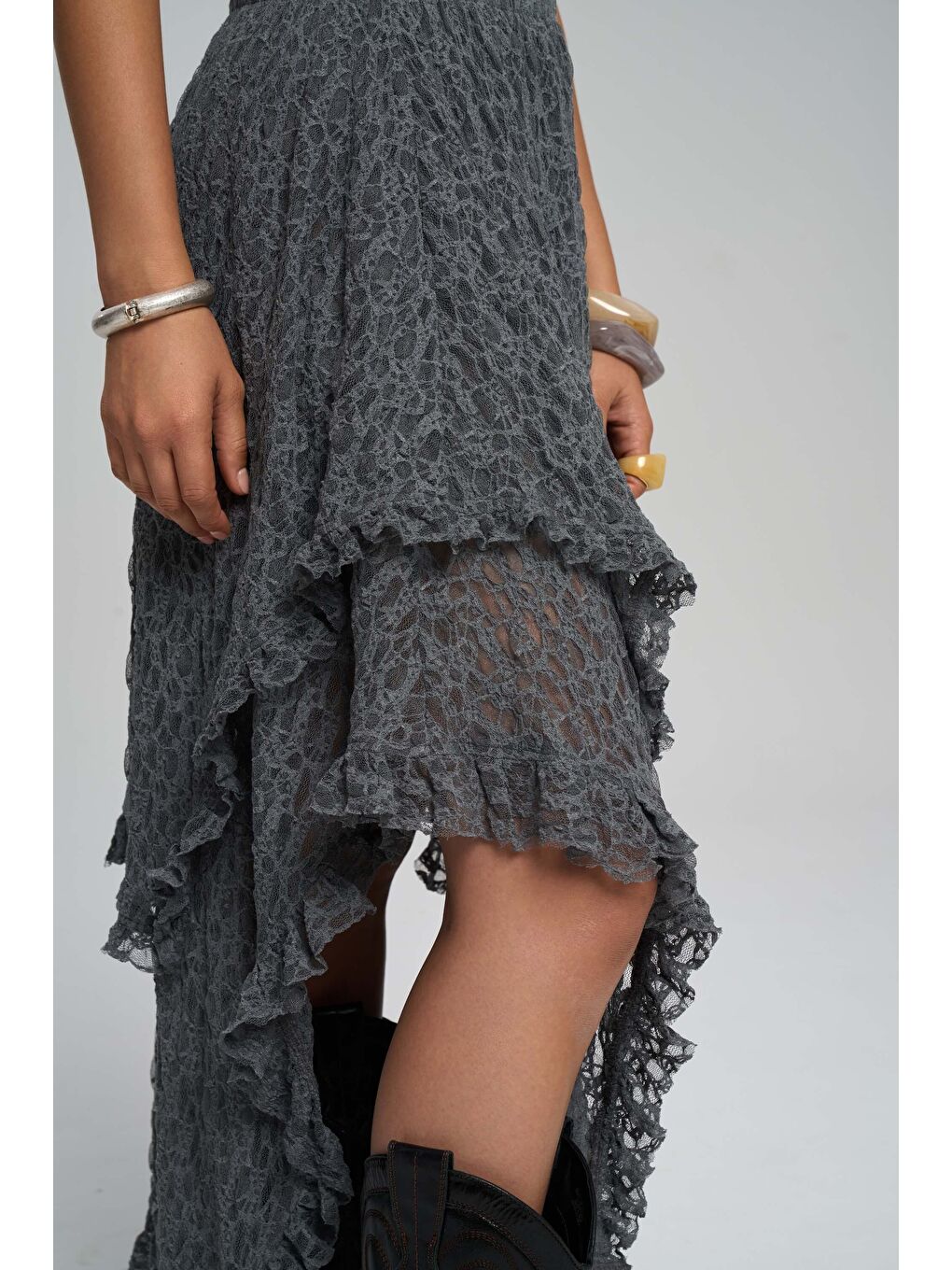 Mireya Asimetrik Antrasit Dantel Etek-7