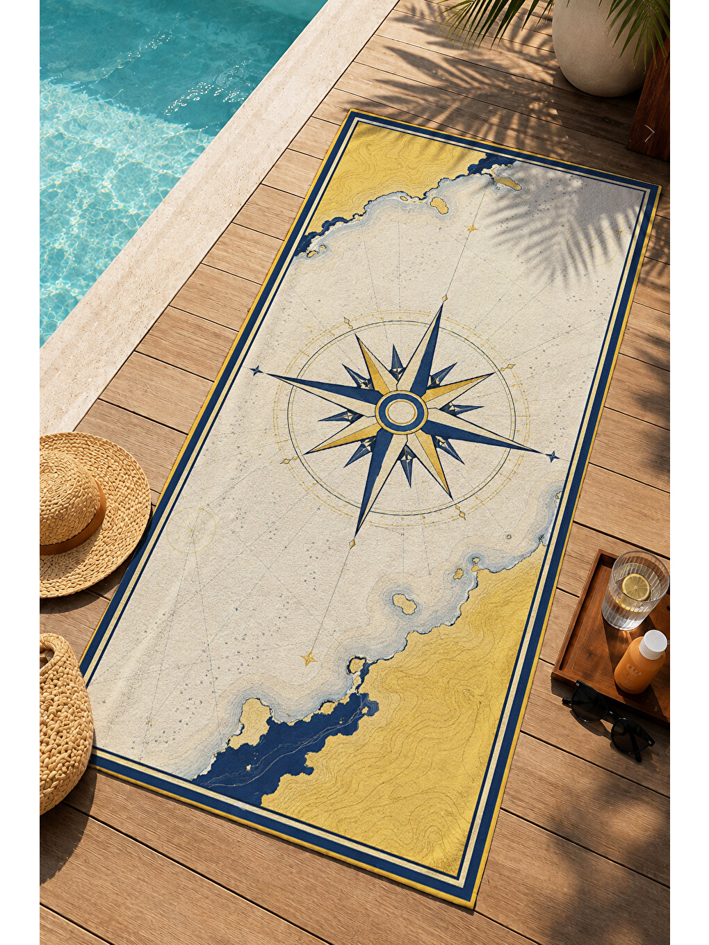 Vintage Pusula Gülü Sarı Deniz Haritası Desenli 70x150 Plaj Havlusu - Dijital Baskılı Banyo Havlusu-1