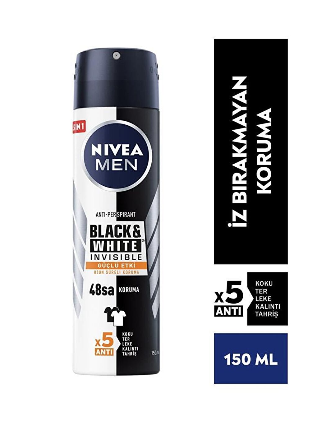 NIVEA Şeffaf Men Black&White Invisible Güçlü Etki Erkek Sprey Deodorant 150 ml X5 Adet, Anti-Perspirant, 48 Saat - 1