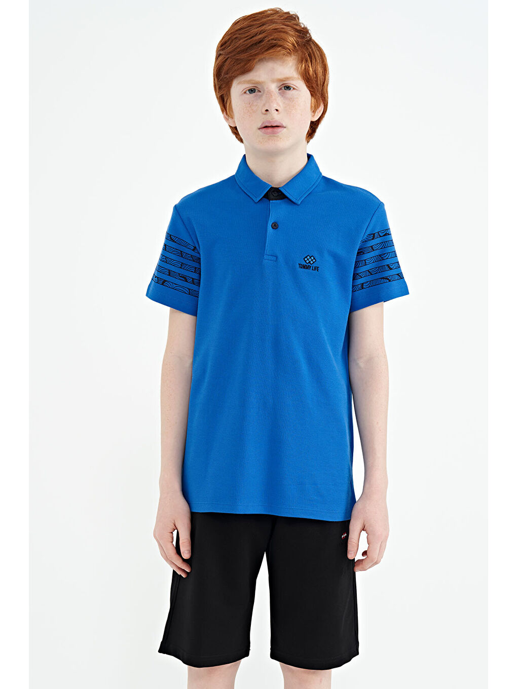 Mavi Saks Kol Baskı Detaylı Standart Kalıp Polo Yaka Erkek Çocuk Tişört - 11093