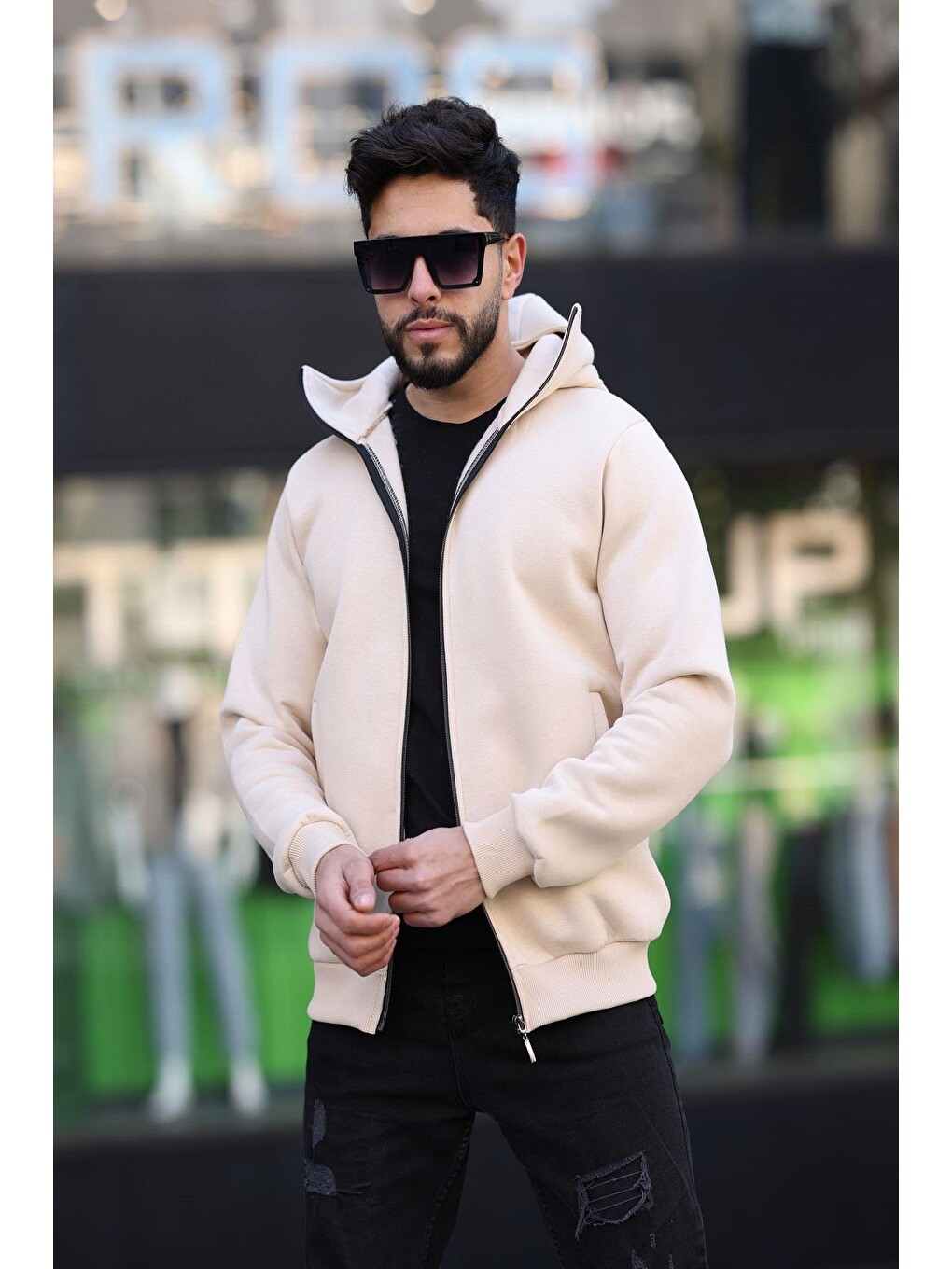 Ekru Ninja Kar Maskeli Kapüşonlu Üç İplik Pamuklu Fermuarlı Unisex Sweatshirt-1