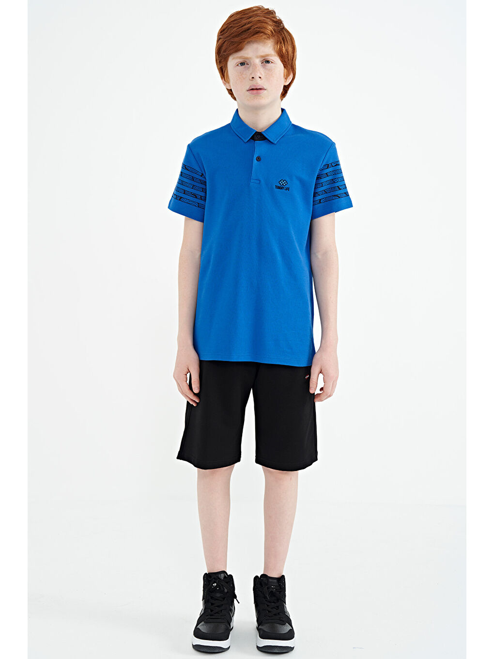 Mavi Saks Kol Baskı Detaylı Standart Kalıp Polo Yaka Erkek Çocuk Tişört - 11093-2