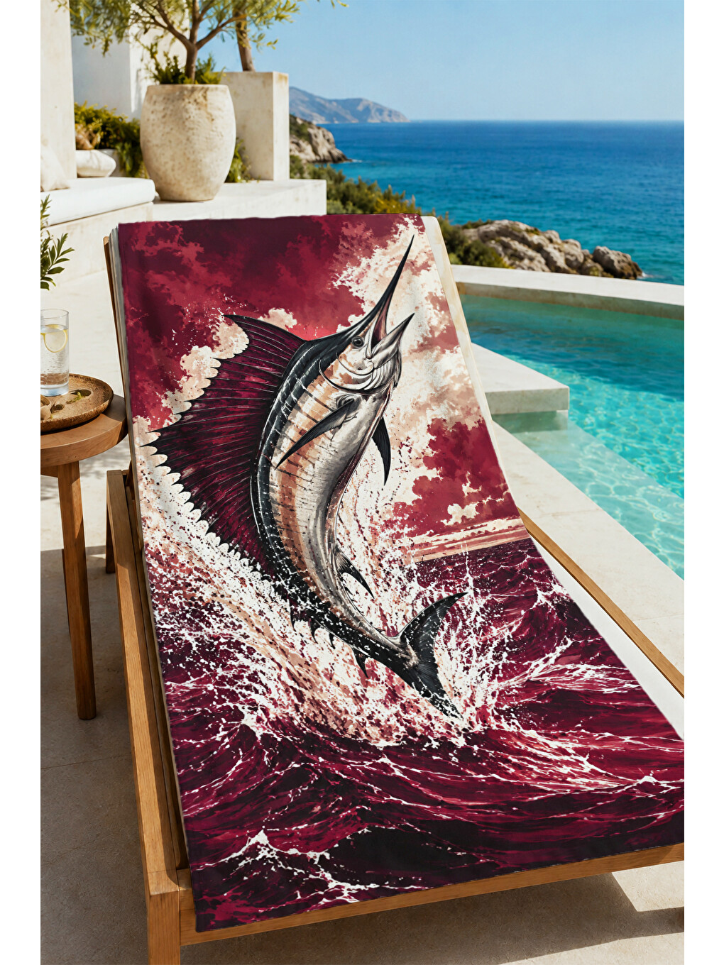 Vintage Bordo Marlin Balığı Desenli 70x150 Plaj Havlusu - Dijital Baskılı Solmaz Banyo Havlusu