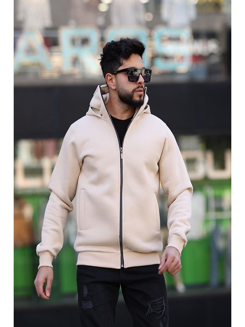 Ekru Ninja Kar Maskeli Kapüşonlu Üç İplik Pamuklu Fermuarlı Unisex Sweatshirt-2
