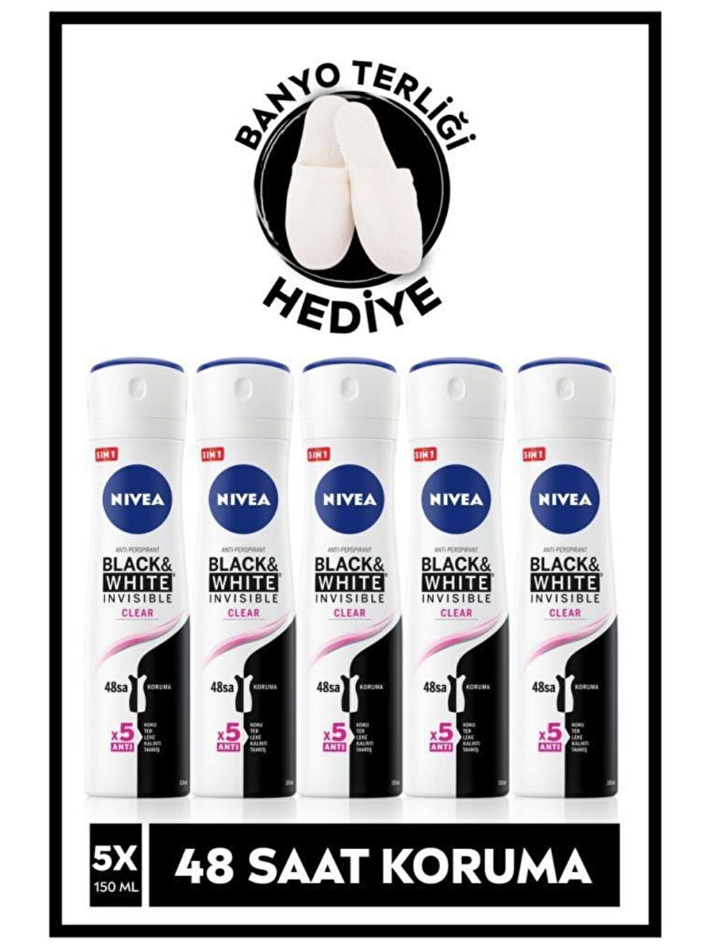 NIVEA Şeffaf Kadın Sprey Deodorant Black&White Invisible Clear 48 Saat Anti-Perspirant Koruma 150 ml X 5 Ade