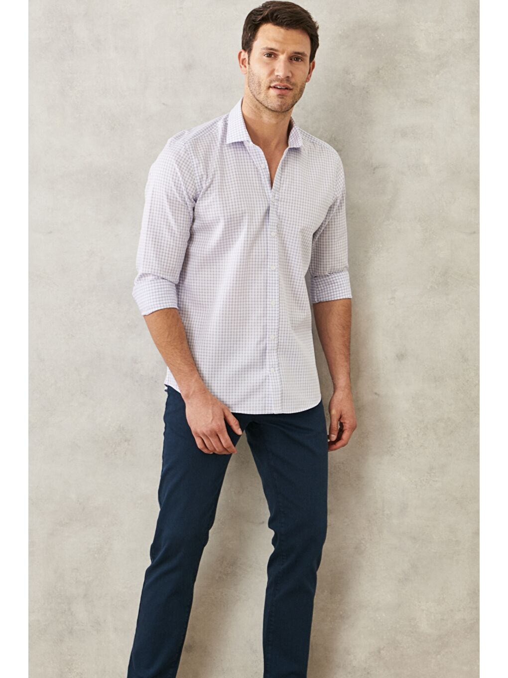 Erkek Beyaz-Mavi Ütü Gerektirmez Taılored Slim Fit Dar Kesim Klasik Yaka %100 Pamuk Non-Iron Gömlek-1