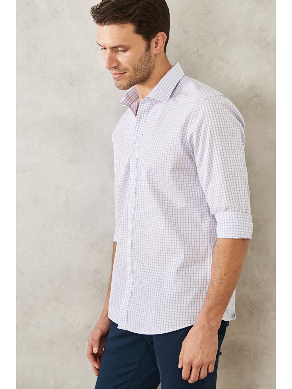 Erkek Beyaz-Mavi Ütü Gerektirmez Taılored Slim Fit Dar Kesim Klasik Yaka %100 Pamuk Non-Iron Gömlek-2