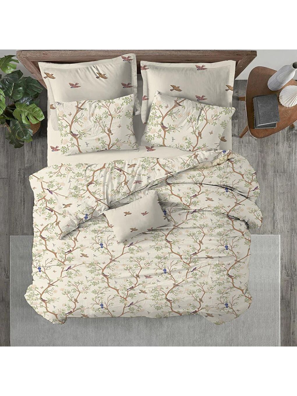 Karışık Sonbahar Desen Baskılı Çift Kişilik 200x220 cm 2 Adet 50x70 cm Nevresim Takımı - Beyaz