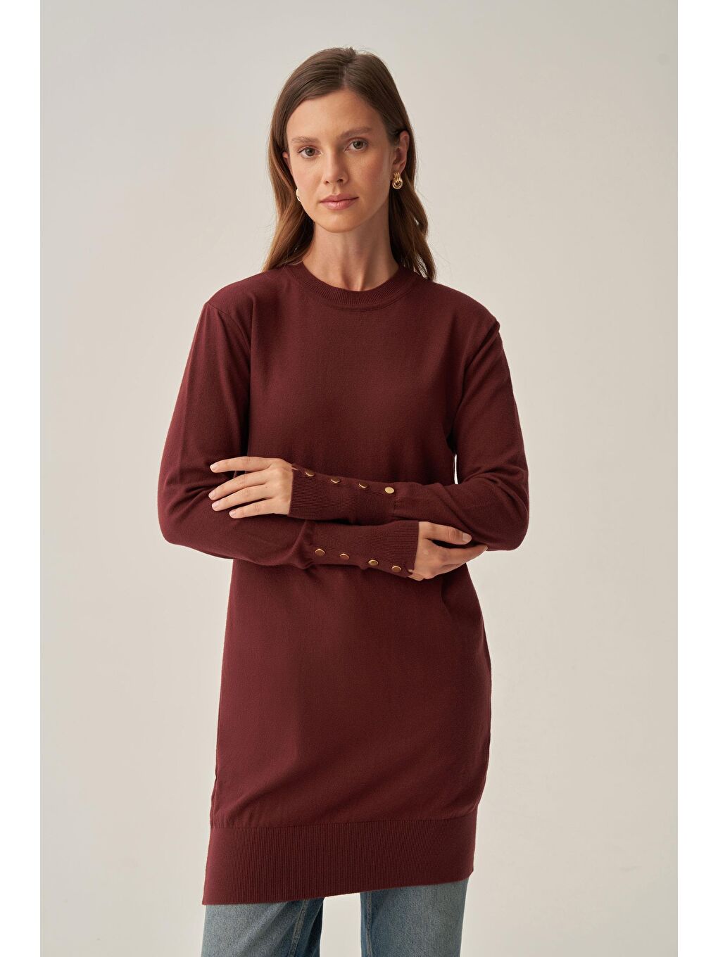 Bordo-Bilekte Dügme Detaylı Kazak