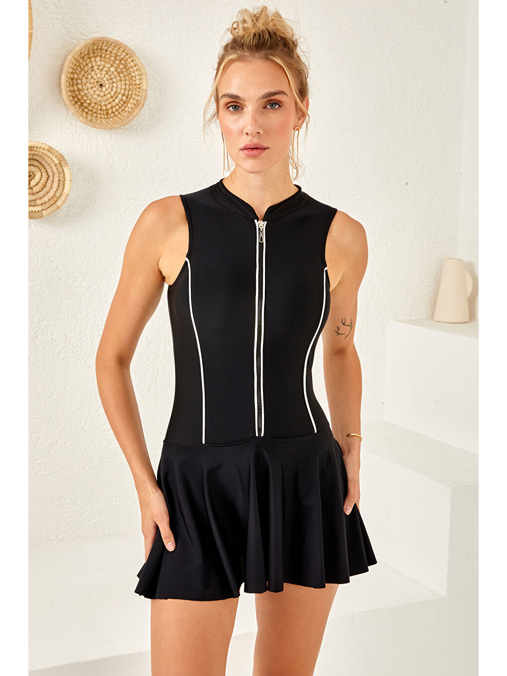 UV Korumalı Önü Fermuarlı Etekli Yüzücü Mayo Elbise Mayo 4160 Siyah-1