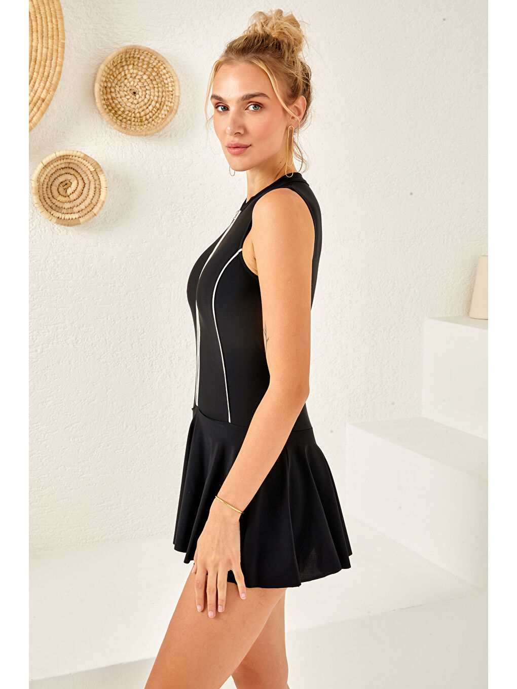UV Korumalı Önü Fermuarlı Etekli Yüzücü Mayo Elbise Mayo 4160 Siyah-2