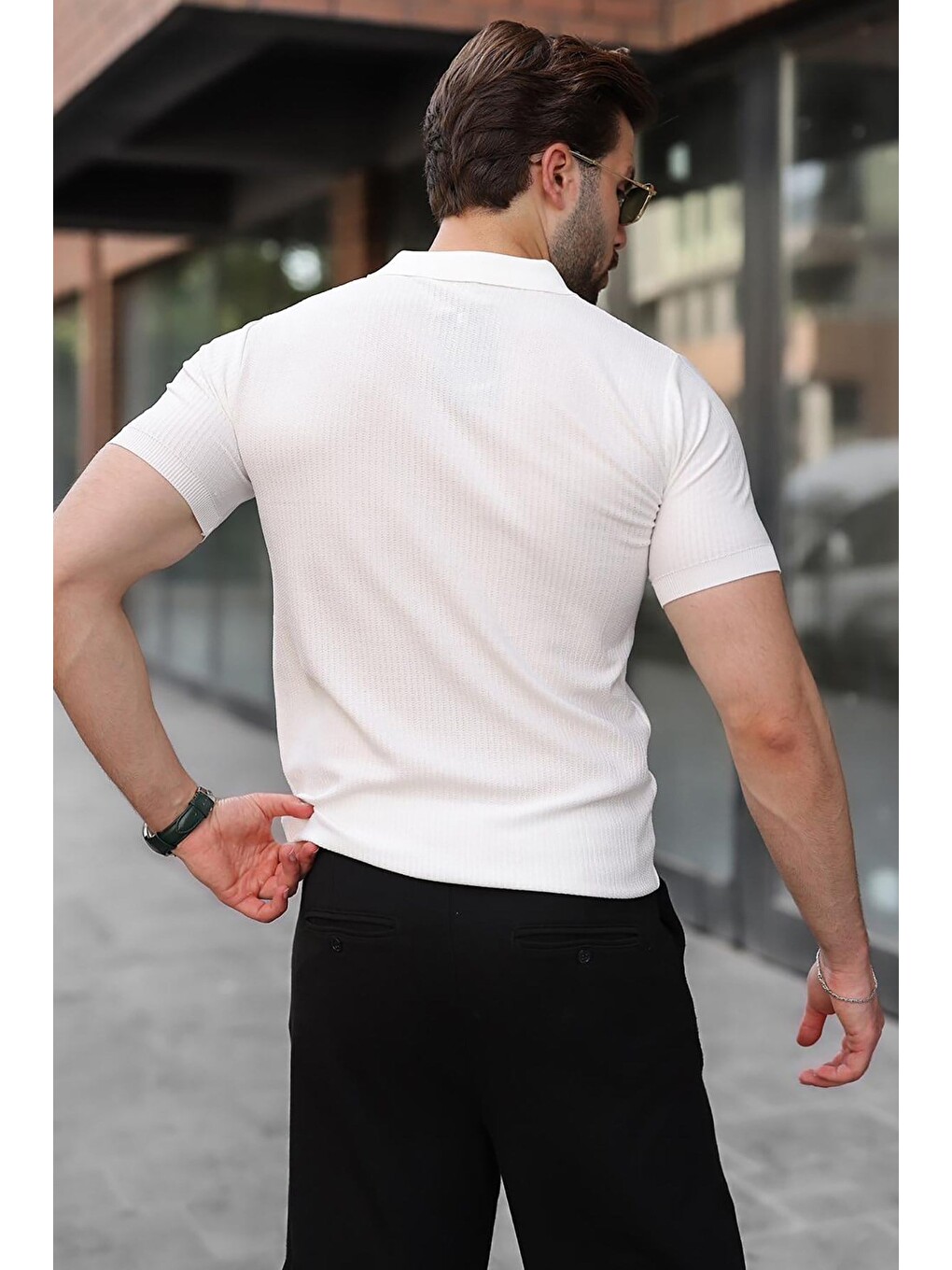 Beyaz Çıt Kapamalı Polo Yaka Triko Erkek Tişört E7493-2