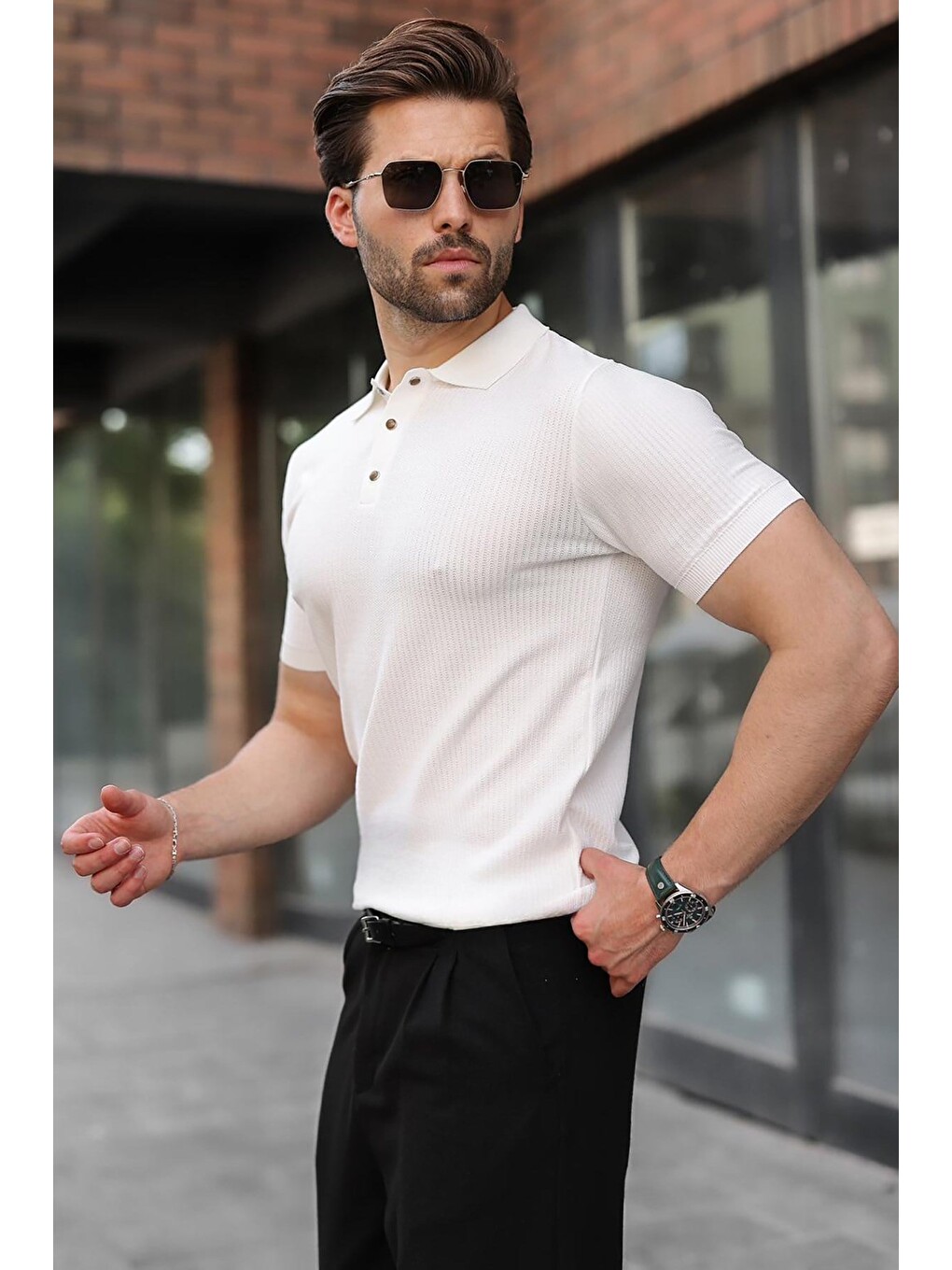 Beyaz Çıt Kapamalı Polo Yaka Triko Erkek Tişört E7493-4