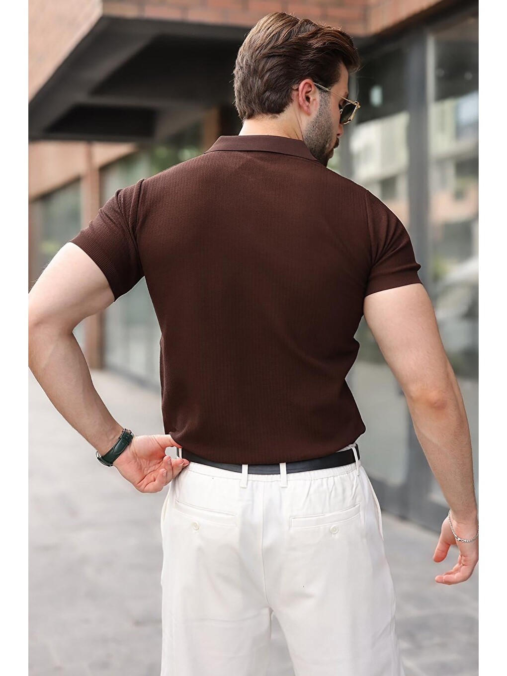 Kahverengi Çıt Kapamalı Polo Yaka Triko Erkek Tişört E7493-3