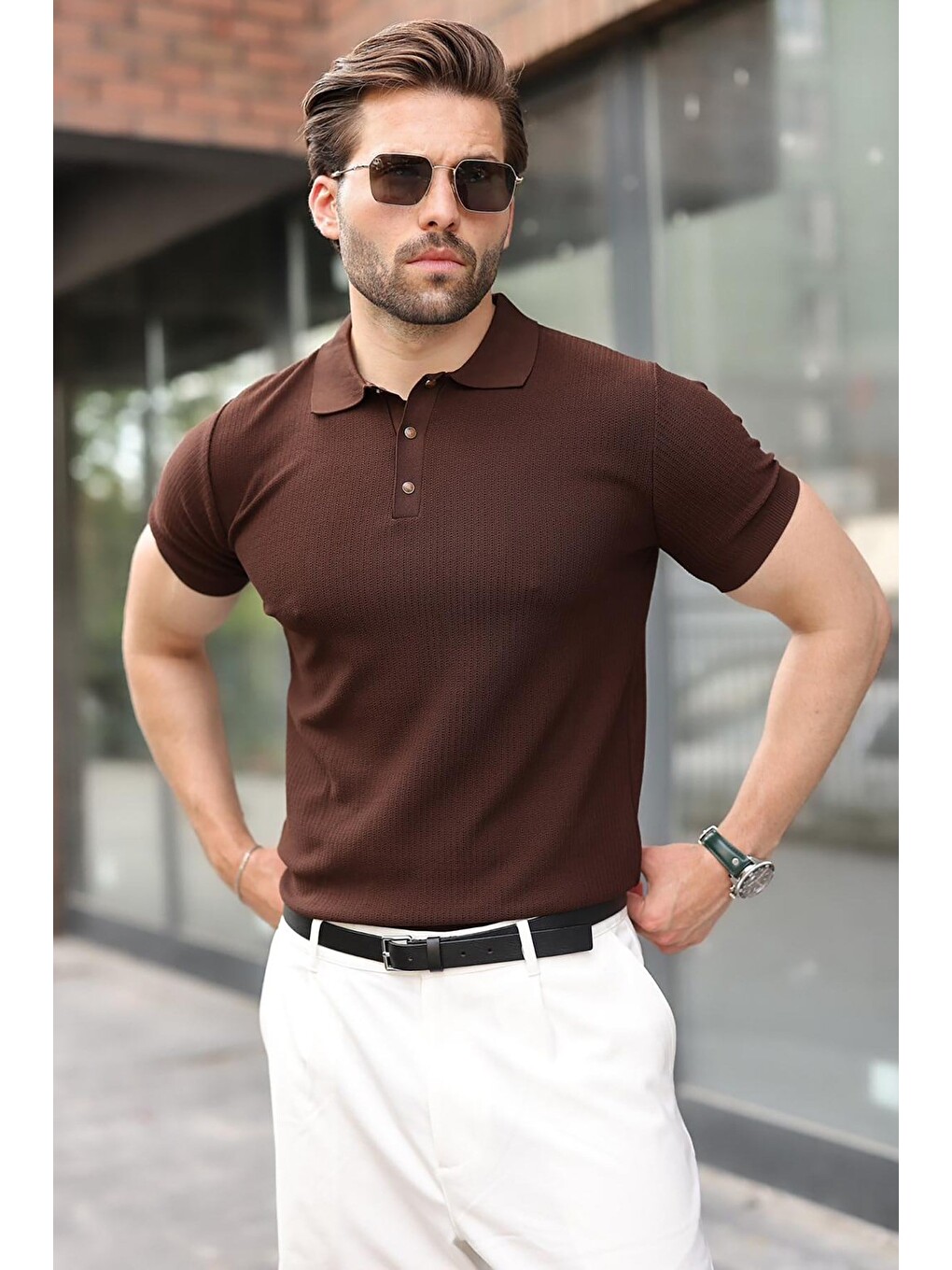 Kahverengi Çıt Kapamalı Polo Yaka Triko Erkek Tişört E7493-4