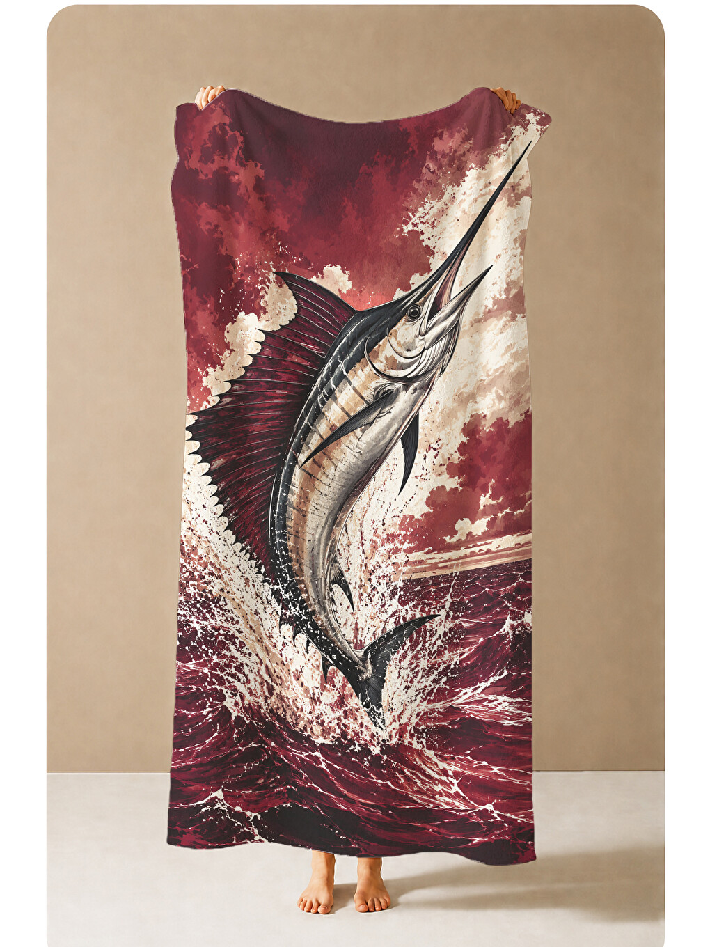 Vintage Bordo Marlin Balığı Desenli 70x150 Plaj Havlusu - Dijital Baskılı Solmaz Banyo Havlusu-3