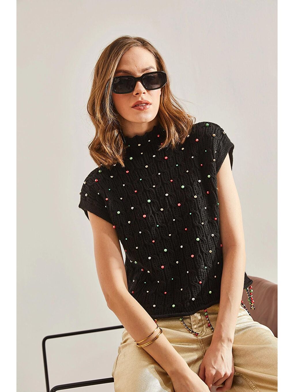 Siyah Lucci Kadın Saç Örgülü Taş İşlemeli Triko Bluz-1