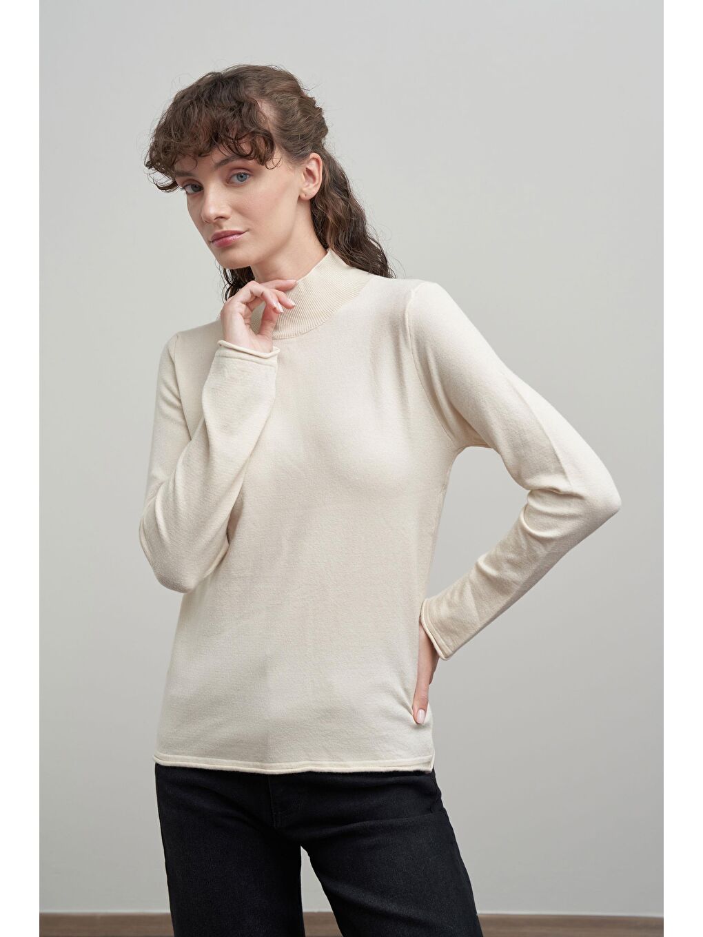 Bej-Yarım Balıkçı Uzun Kol Kazak-3